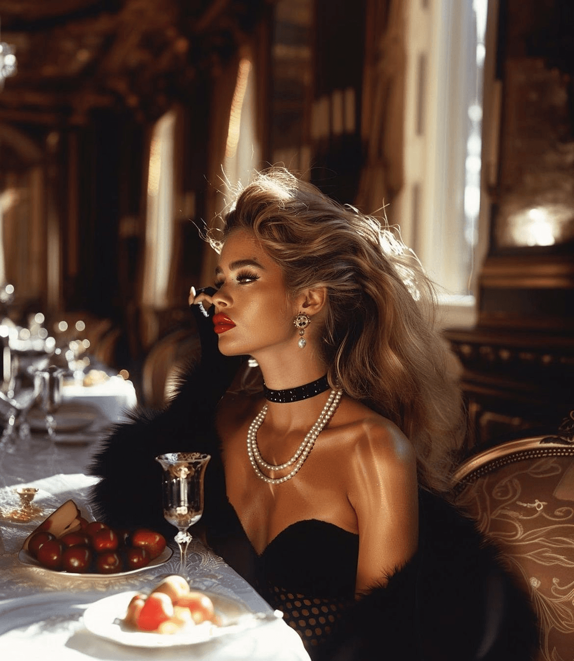 Mujer elegante con joyas disfrutando de un entorno lujoso.