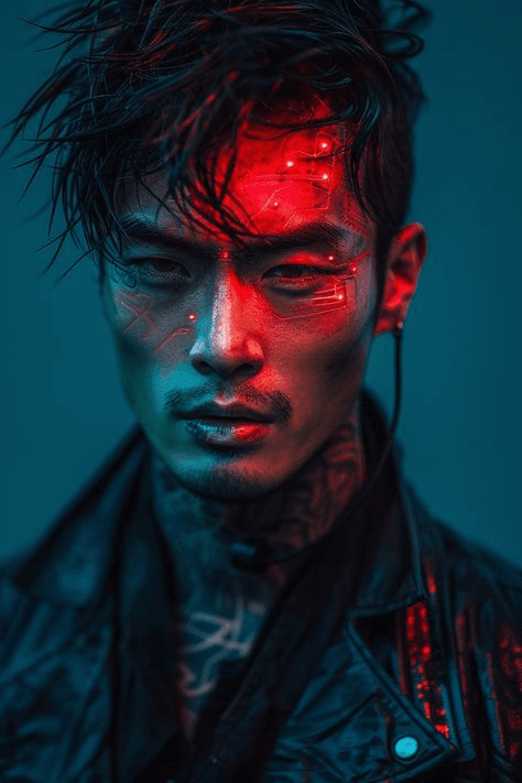Hombre con estilo cyberpunk y tatuajes, iluminado con luces rojas.