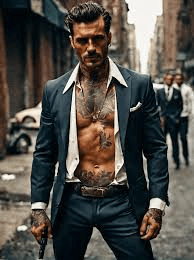 Hombre con traje y tatuajes visibles caminando en una calle.