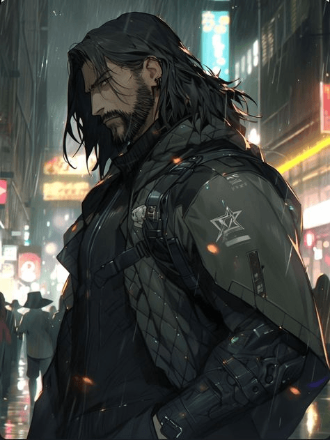 Hombre con pelo largo en un escenario cyberpunk