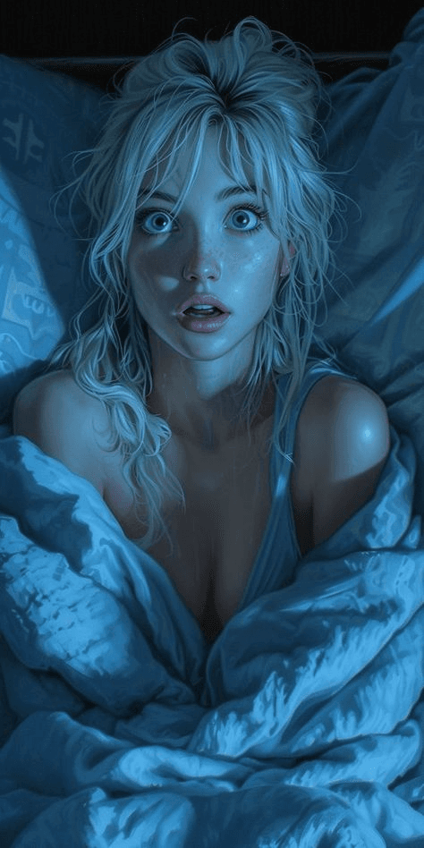Mujer joven sorprendida en la cama de noche.