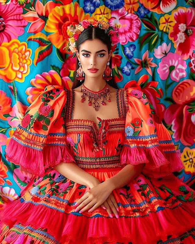 Mujer con un vestido mexicano colorido y flores
